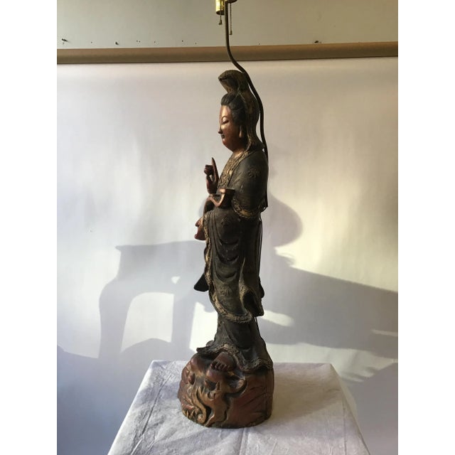 Wood Large 1880s Carved Wood Asian Figural Table Lamp For Sale - Image 7 of 13