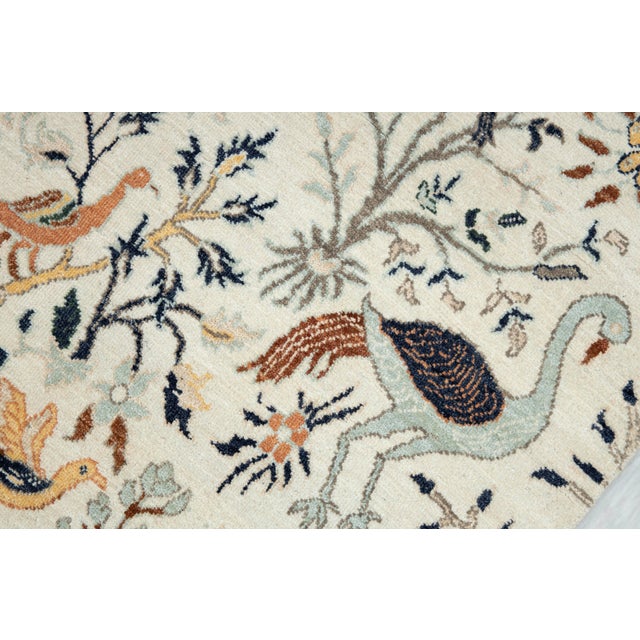 8x10Ft. White Peacock Wool Rug, Hand Knotted Birds Garden For Sale - Image 6 of 11