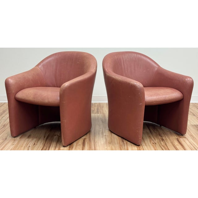 Mid 20th Century Vintage MCM Barrel Chairs in Blush Leather, a Pair For Sale - Image 5 of 11