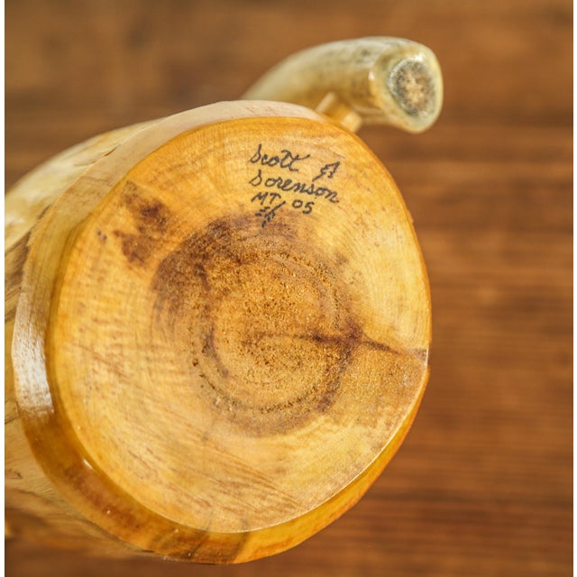 Rustic Handcarved Wooden Tankard With Antler Handle - Artisan Signed & Dated - Decorative Use as Vase For Sale - Image 11 of 13