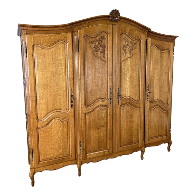 Vintage French Louis XVI Style Carved Oak 4-Door Armoire For Sale