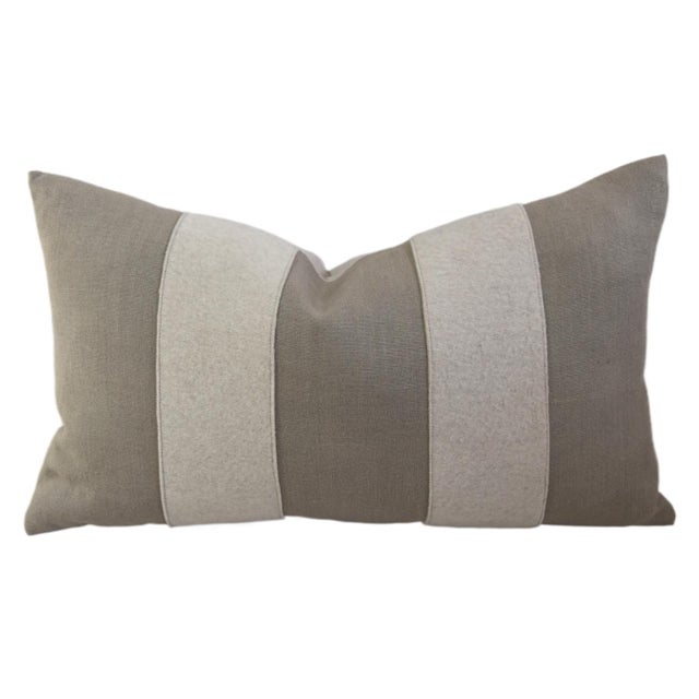 French Taupe and Cream Appliqué Stripes Wool & Linen Feather/Down Pillow For Sale In Los Angeles - Image 6 of 6