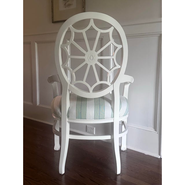 Green & White Stripes! These oval spider back dining chairs are newly finished in Benjamin Moore’s OC 17 White Dove (a...
