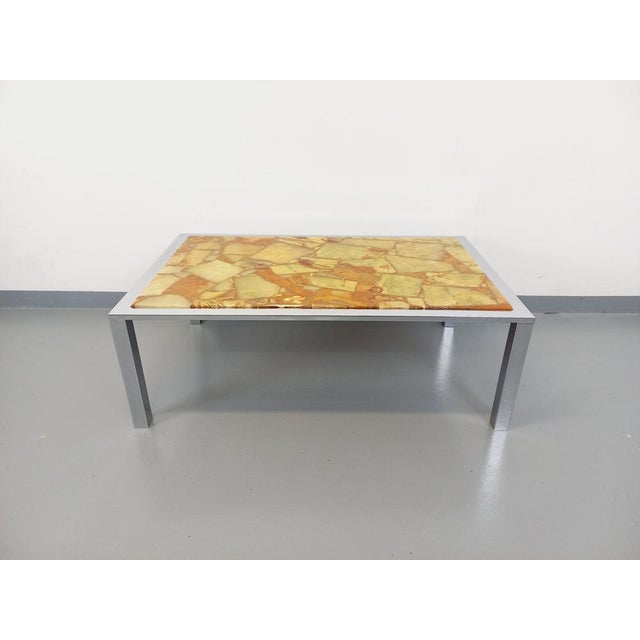 Large Vintage Coffee Table in Chrome Metal, Yellow Onyx Type and Resin, 1970s For Sale - Image 10 of 15