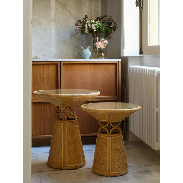 Toffee gm side table in stained rattan and glass top by popus editions. Dimensions: ø 60 x h 65 cm. Materials: tinted...