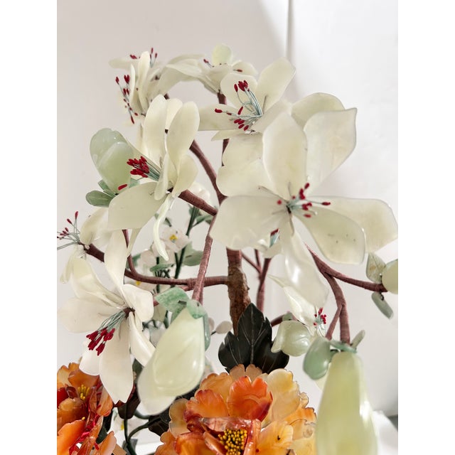 Vintage Chinese Hardstone Bonsai Tree Sculpture in Cloisonné Planter, Jade Quartz & Carnelian Gemstone Arrangement For Sale - Image 12 of 16