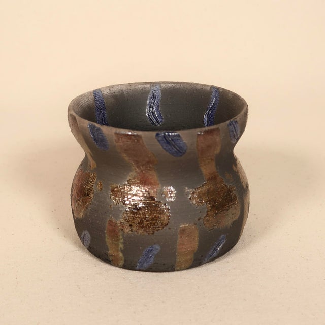 Signed Studio Pottery Raku Ceramic Vessel With Metallic Copper Glaze and Abstract Brushwork For Sale - Image 4 of 17