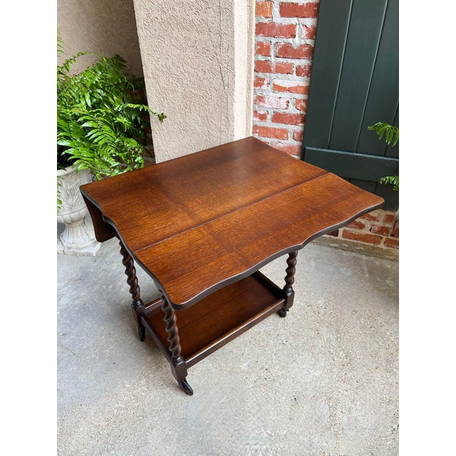 Wood Antique English Tea Trolley Drinks Cart Barley Twist Dumbwaiter Drop Leaf Table For Sale - Image 7 of 12