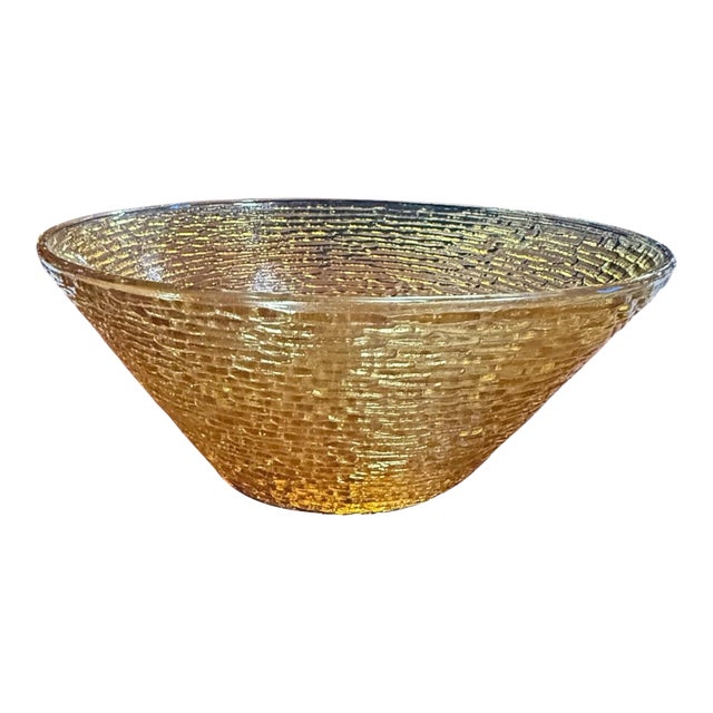 Vintage Amber Textured Art Glass Bowl | Mid Century Modern Decorative Centerpiece For Sale