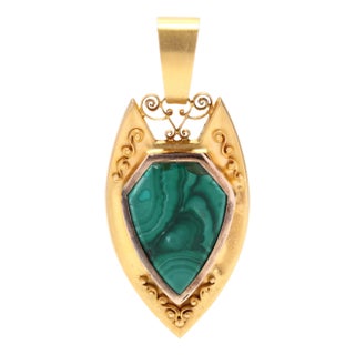 Vintage Malachite Shield Locket Pendant, 14kt Yellow Gold For Sale