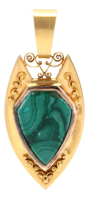 Vintage Malachite Shield Locket Pendant, 14kt Yellow Gold