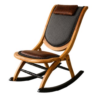 Vintage-Style Folding Rocking Chair — Solid Wood, Genuine Leather Accent Chair For Sale