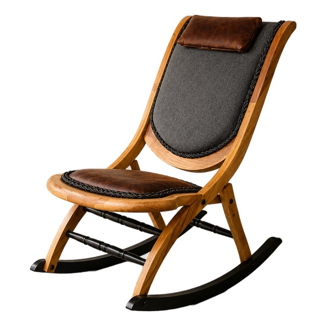 Vintage-Style Folding Rocking Chair — Solid Wood, Genuine Leather Accent Chair For Sale