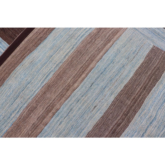 Modern Kilim Hand Woven Casual Rug With Stripes in Shades of Blue and Brown 8'6 X 12'6 For Sale - Image 13 of 13