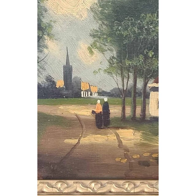 Rustic European Antique European Village Landscape Oil on Wood Panel in Original Gilt Frame, C. 1900 For Sale - Image 3 of 4