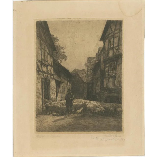 Paper Conrad Rau, German Village, Shepherd & Flock, 1920, Etching For Sale - Image 7 of 10