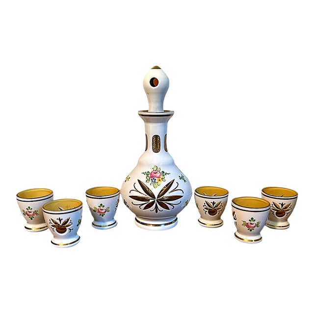 Antique Bohemian White Art Glass Cut to Amber Cordial Decanter & 6 Glasses For Sale