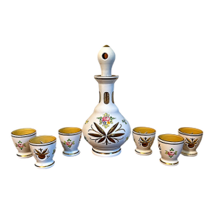 Antique Bohemian White Art Glass Cut to Amber Cordial Decanter & 6 Glasses
