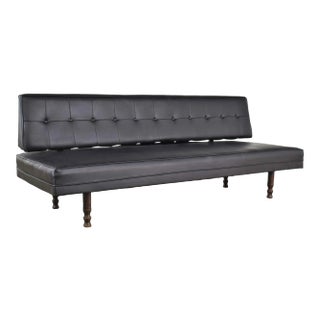 Vintage Mid Century Modern Black Vinyl Faux Leather Convertible Sofa by Universal of High Point For Sale