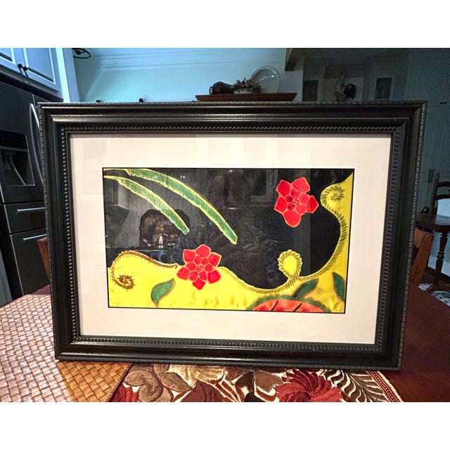 Elegant pair of hand-painted silk artworks, beautifully framed and ready to display. Each piece features intricate...