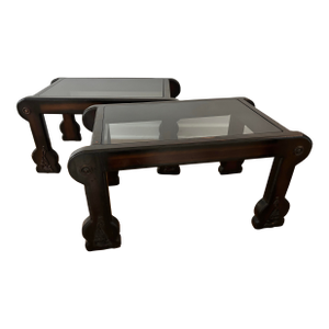 Early to Mid Twentieth Century Chinese Asian Carved Wood Side Tables With Smoky Glass Inserts, a Pair
