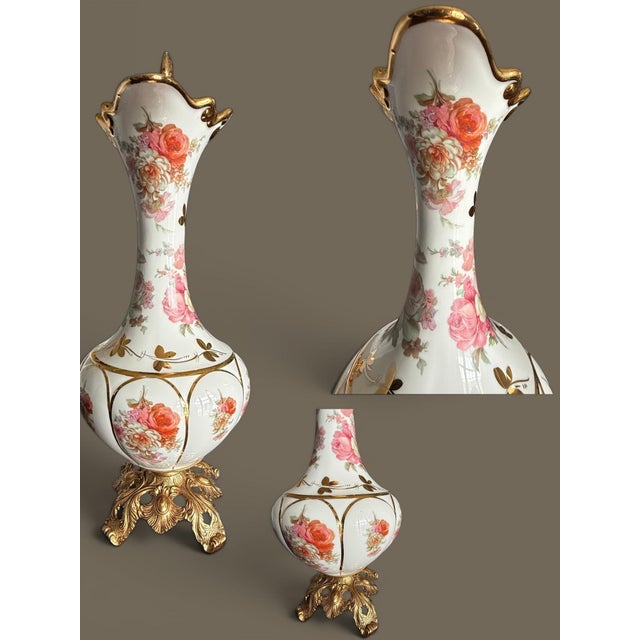 Metal Antique Style Porcelain Ewer-Gilt Handle-Floral Urn-Rococo-French-Victorian-Rose For Sale - Image 7 of 10