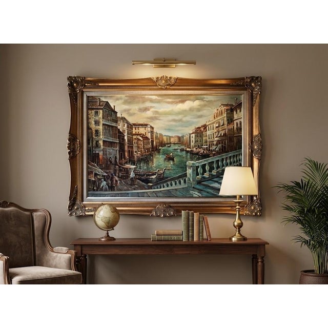 Celadon Mid-20th Century Venetian Canal Landscape Oil Painting Signed R. Millano For Sale - Image 8 of 8