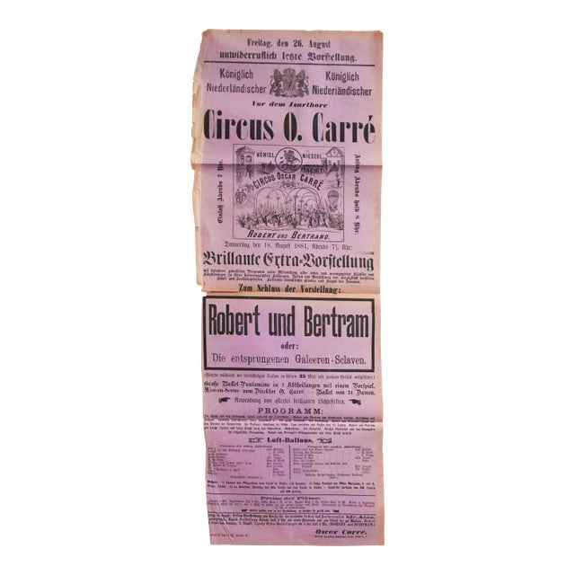 1881 German Circus Poster (Purple) - 'Circus O. Carré,' 'Robert Und Bertram (Robert and Bertram)' For Sale