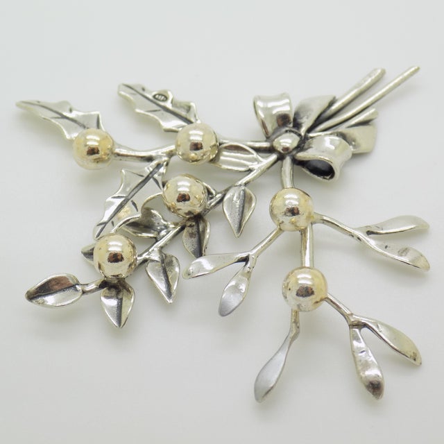 Gold Vintage Italian Handmade Genuine Sterling Silver 925 Christmas Holly and Mistletoe Figurine, 1980s For Sale - Image 8 of 15