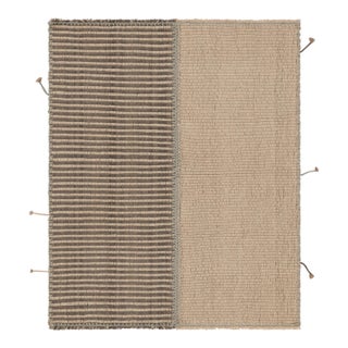 Rug & Kilim’s Accent Kilim, Square Rug in Cream, Gray and Light Blue Strips For Sale