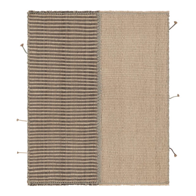 Rug & Kilim’s Accent Kilim, Square Rug in Cream, Gray and Light Blue Strips For Sale