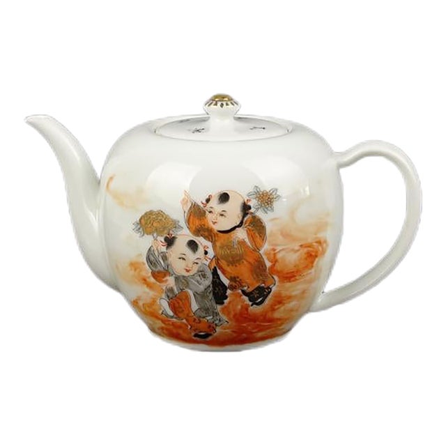 Chinese Vintage Porcelain Tea Pot China Famille Rose Porcelain Tea Pot Hand Painted Ink Color With Gold Tracery Children Pattern For Sale