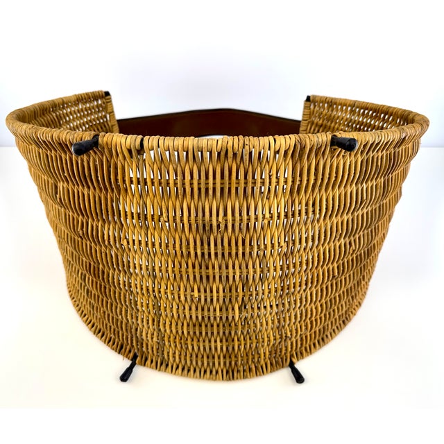 1960s Mid-Century Rattan Firewood Log Basket With Leather Handle For Sale - Image 14 of 14