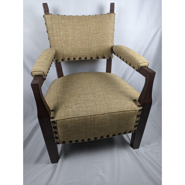 Mid-Century Mission Arts & Crafts Wood Upholstered Armchair With Nailhead Trim For Sale - Image 16 of 17