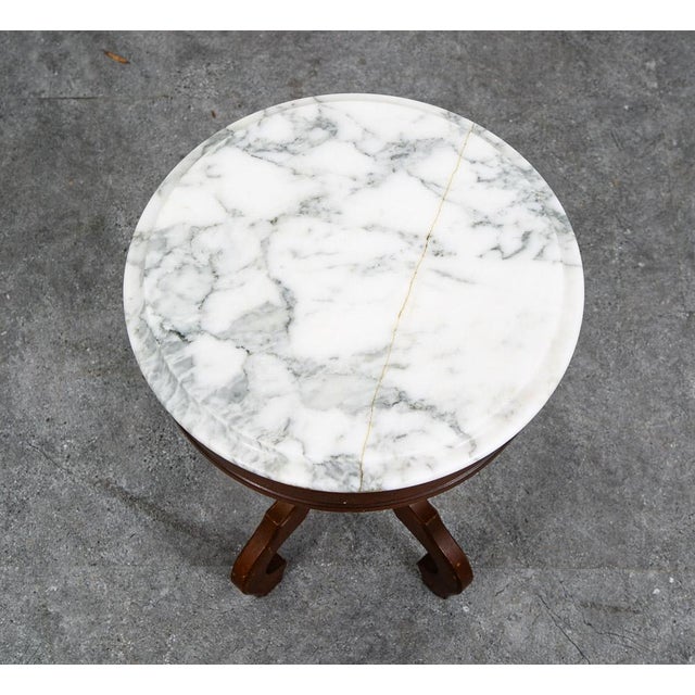 1940s Mid Century Modern End Table Side Round Stone Pedestal Mahogany Marble Vintage Nm For Sale - Image 5 of 11
