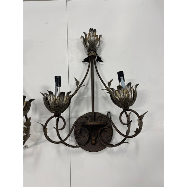 Silver-Leaf and Copper Tone Metal Two Arms Wall Sconces - Set of 2 Hardwired (no back wall plates) Round back plate is...