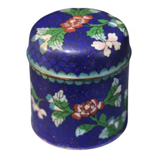 Vintage Asian Cobalt Blue Floral Cloisonné Covered Jar For Sale