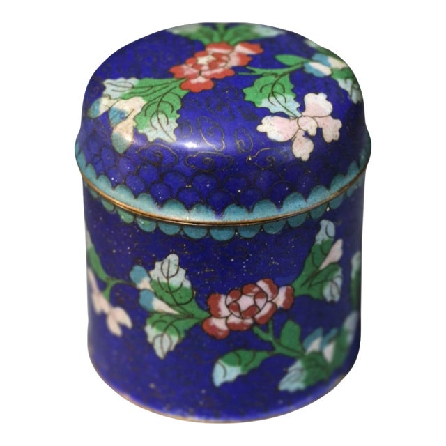 Vintage Asian Cobalt Blue Floral Cloisonné Covered Jar For Sale