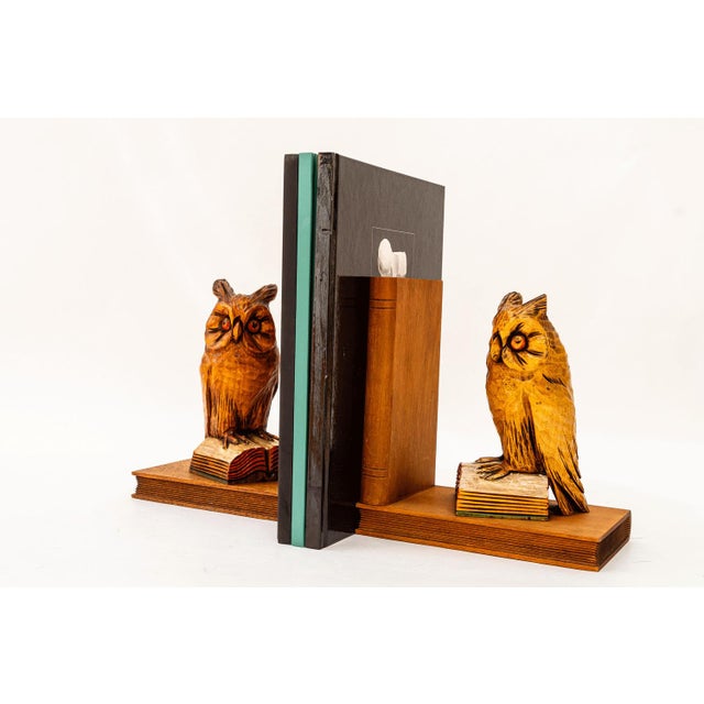 2 carved owl motive Lime wood bookends vienna around 1960s Original condition The books are not for sale they are only for...