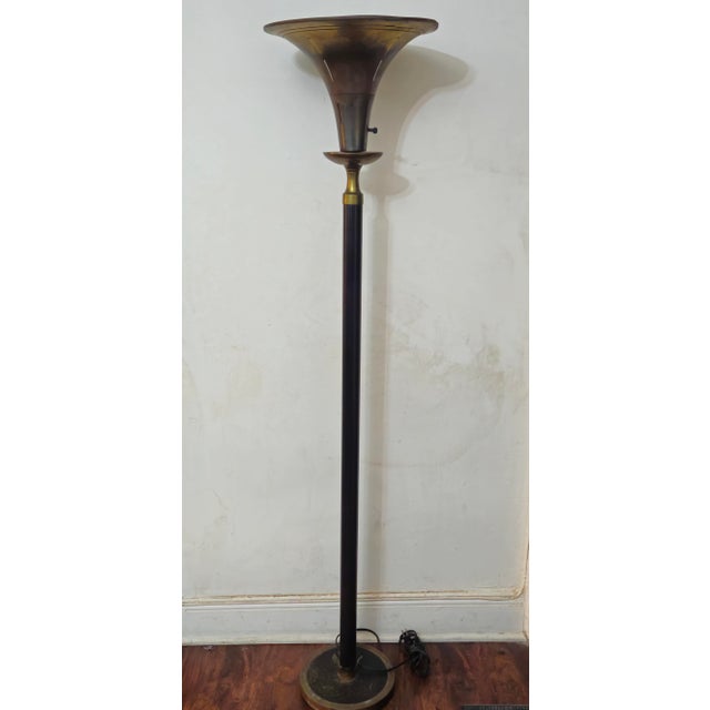 1930s Art Deco Torchiere Brass Trumpet Shade Floor Lamp For Sale In New York - Image 6 of 12