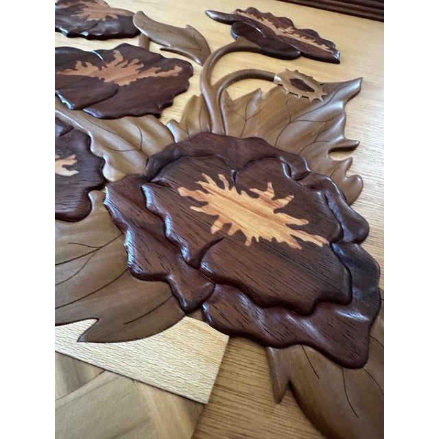 1980s Intarsia Wood Floral Wall Art Pair | Tulip and Peony Basket Carvings - Signed - Set of 2 For Sale - Image 12 of 12