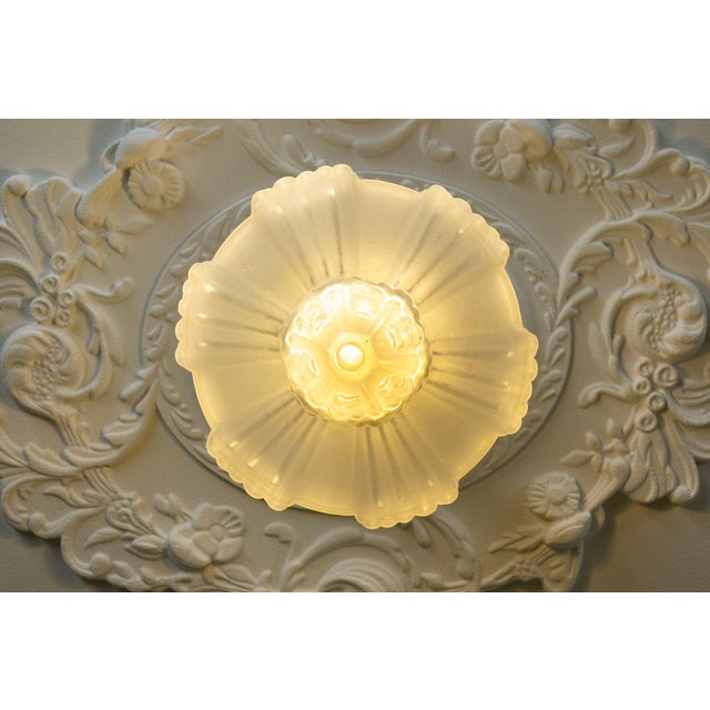 Art Deco French Frosted White Glass and Brass Ceiling Light, 1930s For Sale - Image 6 of 18