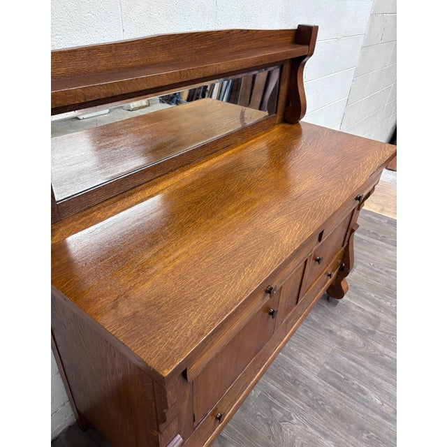 Early 20th Century Antique Stout Furniture Co Tiger Oak Server Sideboard Buffet With Mirror For Sale - Image 5 of 13