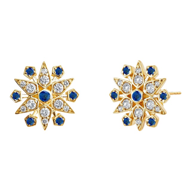 Syna Yellow Gold Starburst Earrings with Blue Sapphires and Diamonds, a Pair For Sale