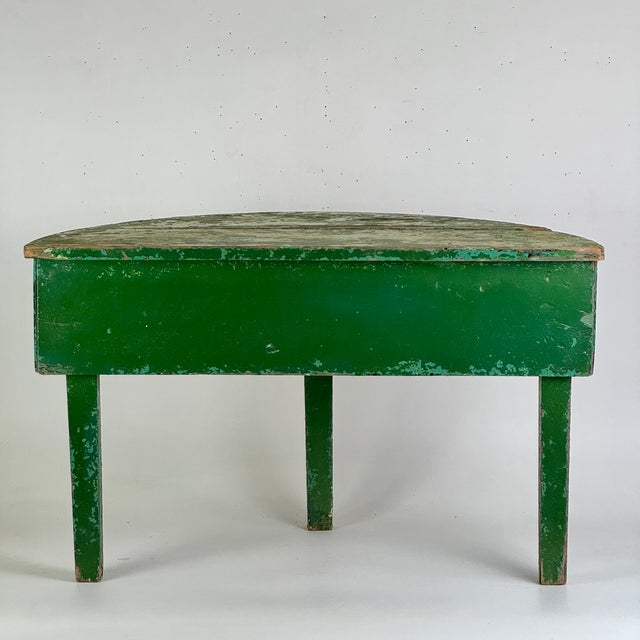 Wood Early 20th Century Demilune Shaped Hand Constructed Wooden Accent Table in Naturally Distressed Avocado Green For Sale - Image 7 of 13