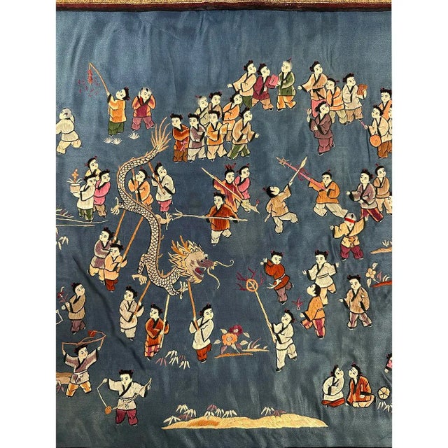 Mid 20th Century Mid-20th Century Chinese Silk Embroidery Baizi Playing in Spring For Sale - Image 5 of 10