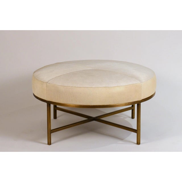 Early 21st Century Small White Hide and Patinated Brass 'Tambour' Ottoman by Design Frères For Sale - Image 5 of 10