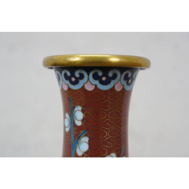 Metal Vintage Chinese Brass Cloisonne Enamel Cherry Blossom Bud Vase Urn 6" For Sale - Image 7 of 12