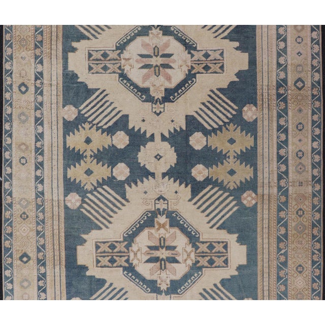 Tribal Blue Oushak Rug With Geometric Medallion Design 5' 5" X 8' 10" For Sale - Image 3 of 14