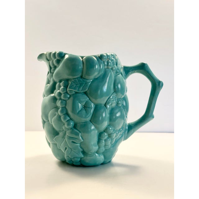 Vintage MCM Ceramic Serving Pitcher and Drinks Glasses, Celadon Fruit Relief Pattern For Sale - Image 4 of 9
